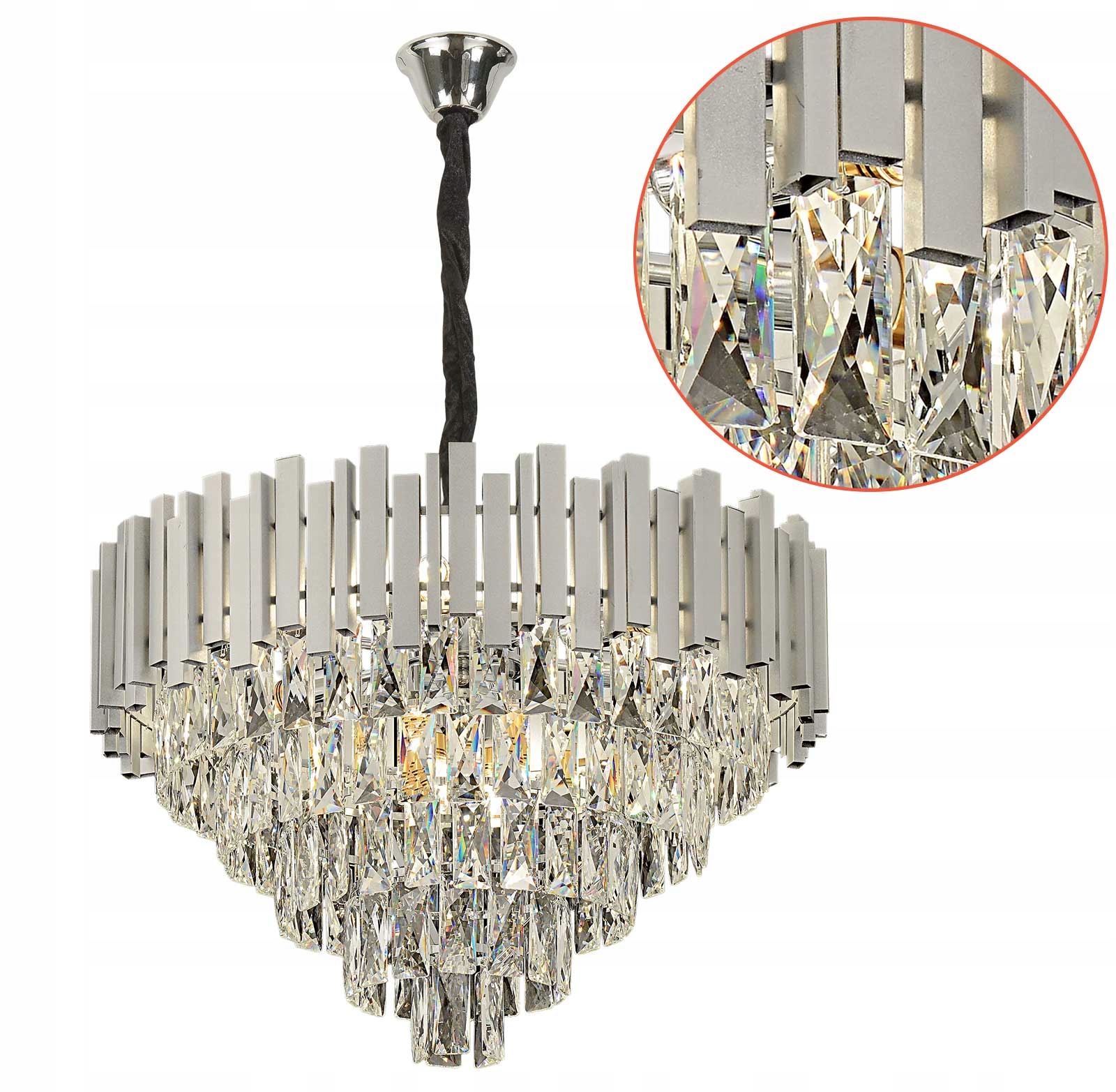 Závesná lampa Strieborná s kryštálmi Obruč 50 cm Sklenené kryštály 7 cm