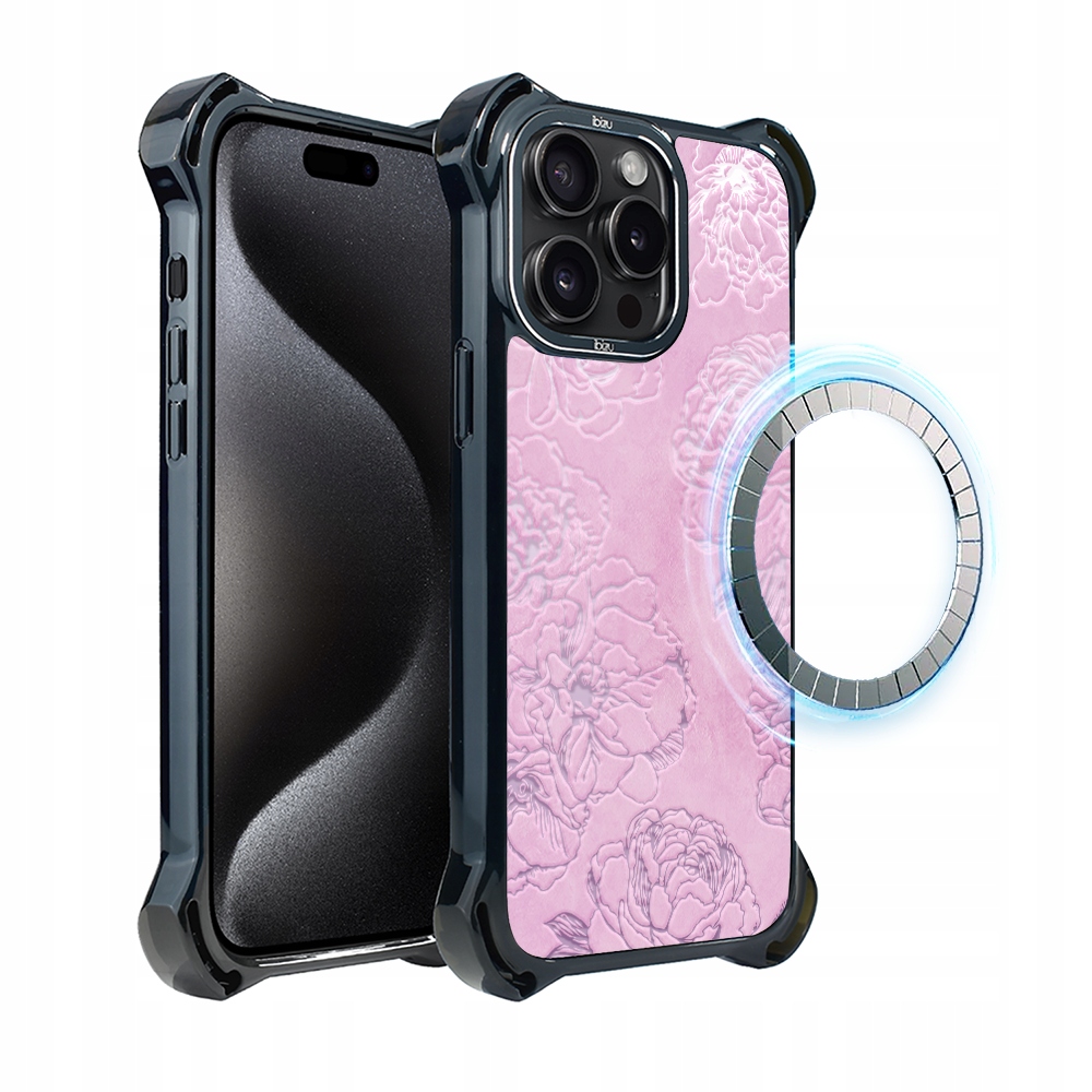 Pouzdro pro iPhone 15 Pro Max Ibizu DropGuard Ultra s MagSafe, růžové pivoňky