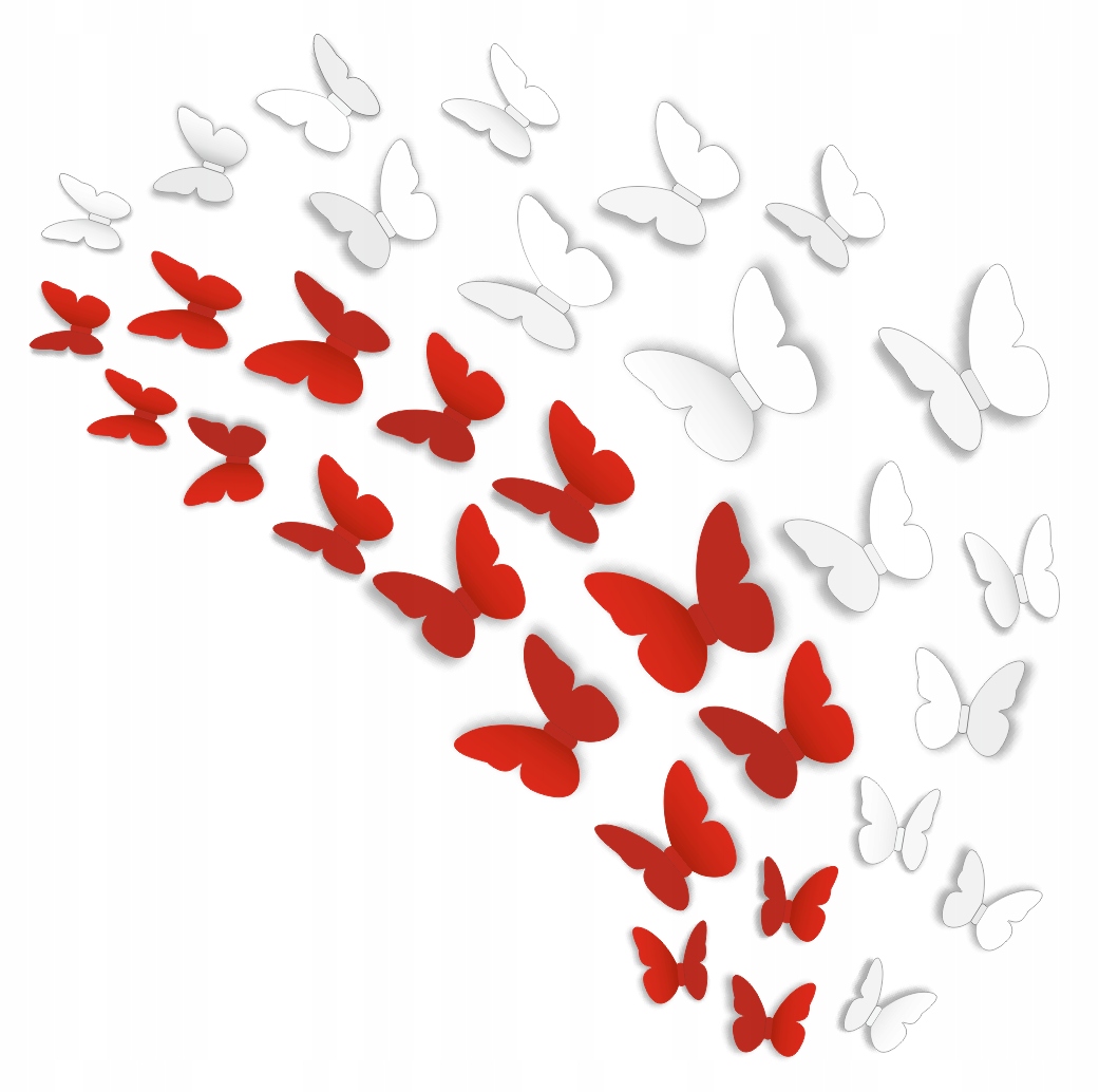 Dekoracja MOTYLKI 3D biało-czerwone (32 szt.)