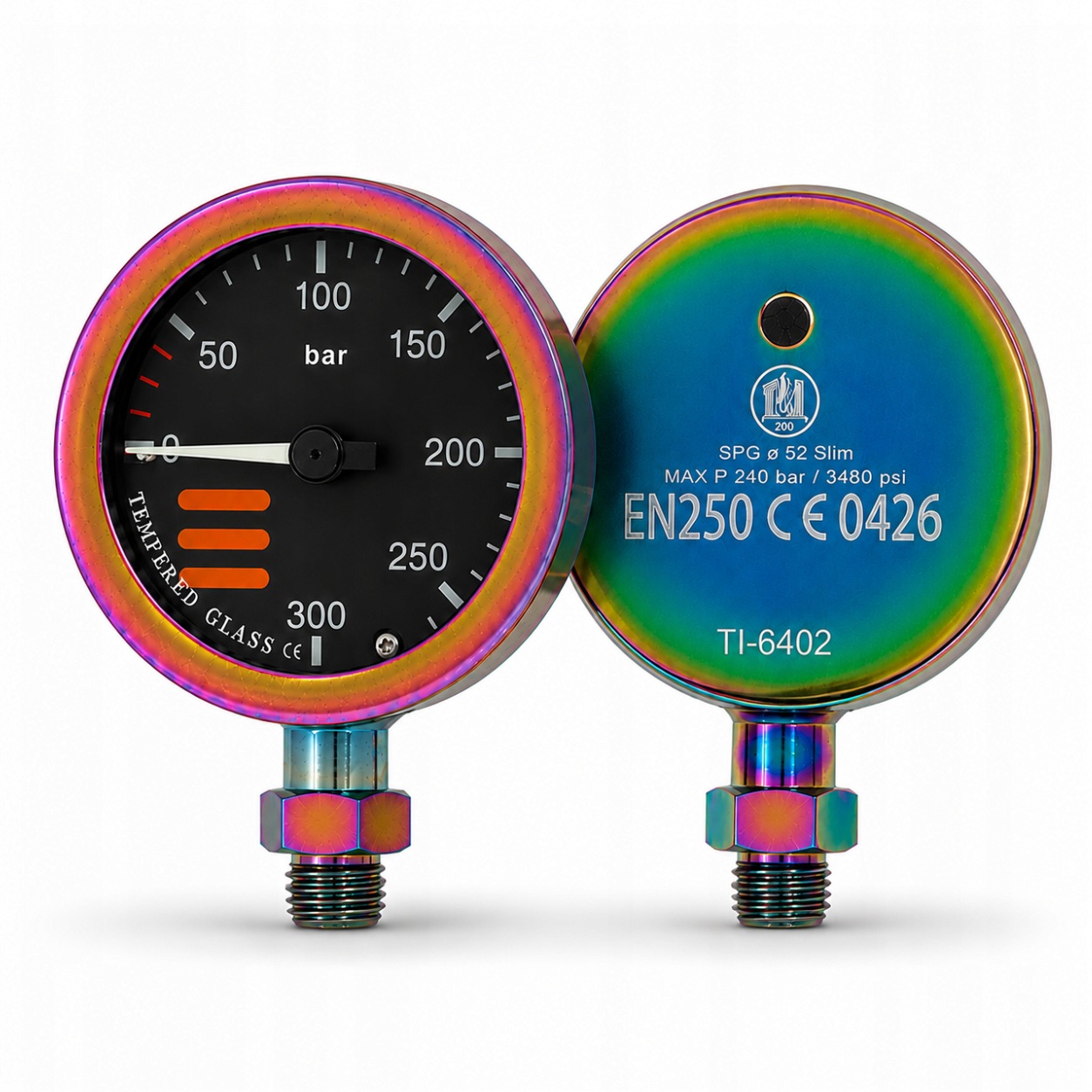 Tecline manometr nurkowy Spg 52mm, powłoka Pvd Rainbow skala 300bar głowica