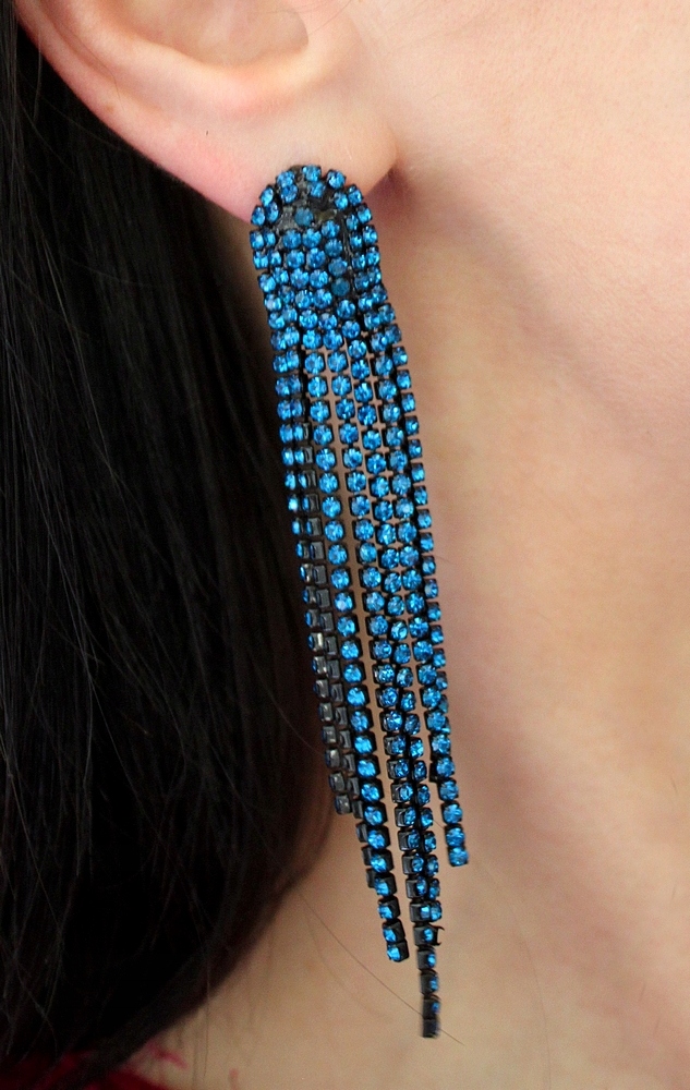 NIEBIESKIE CYRKONIOWE DŁUGIE KOLCZYKI WIECZOROWE Materiał Pozłacany