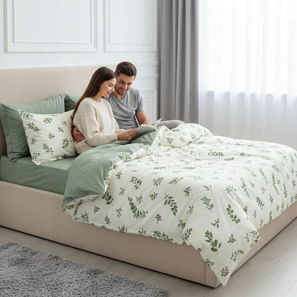Povlečení s bílými a zelenými listy a bobulemi, rozměr 160x200 cm, 100% bavlna, 3dílné, se silnými zipy