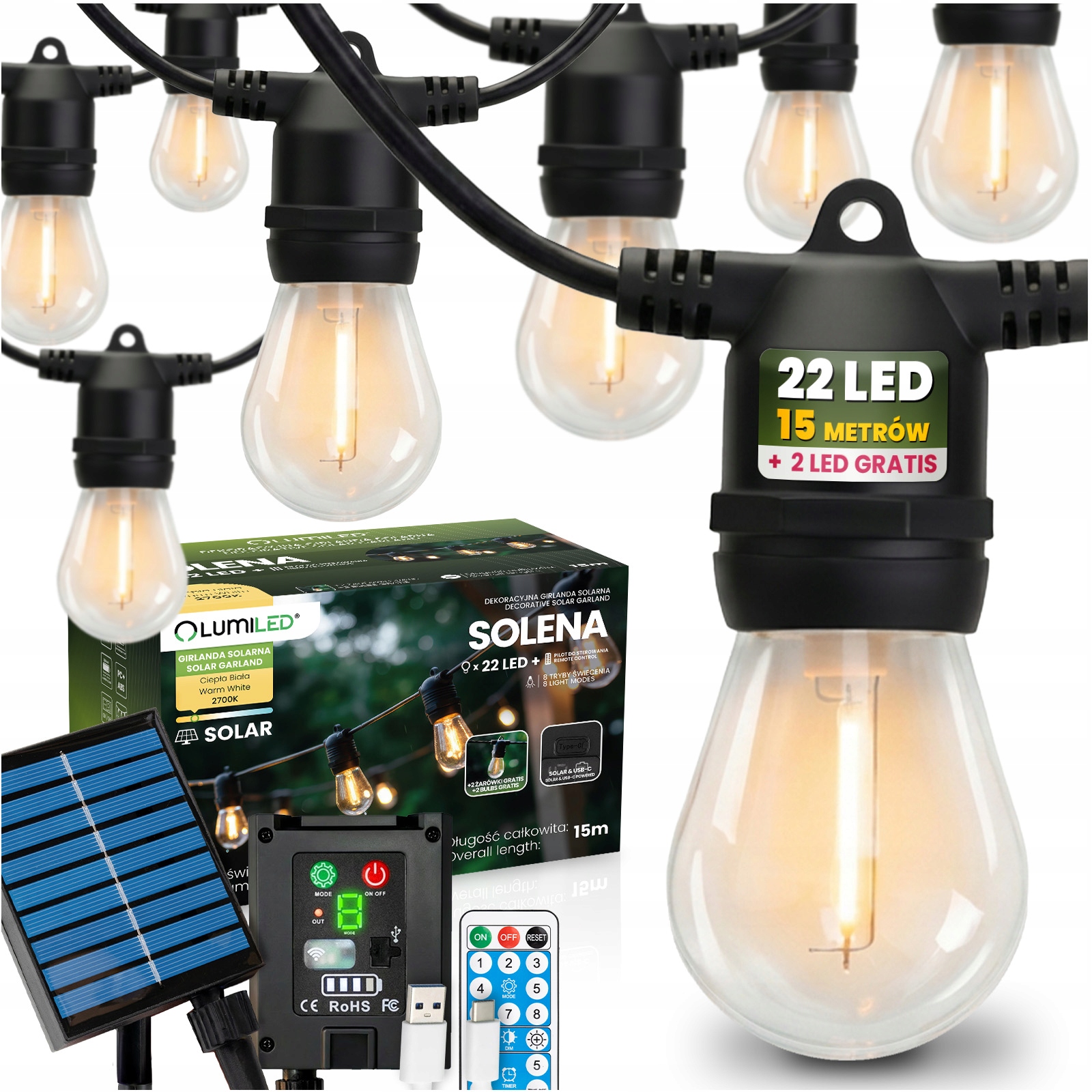 Solární zahradní světelná girlanda 22 Led Lampičky na balkon Terasa 15 m Pilot