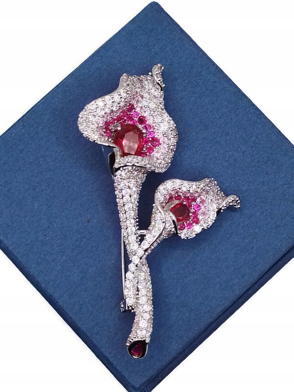 Luxusní Brož Přívěsková Květina Lilie Růžová Stříbrná Krabička Krabička