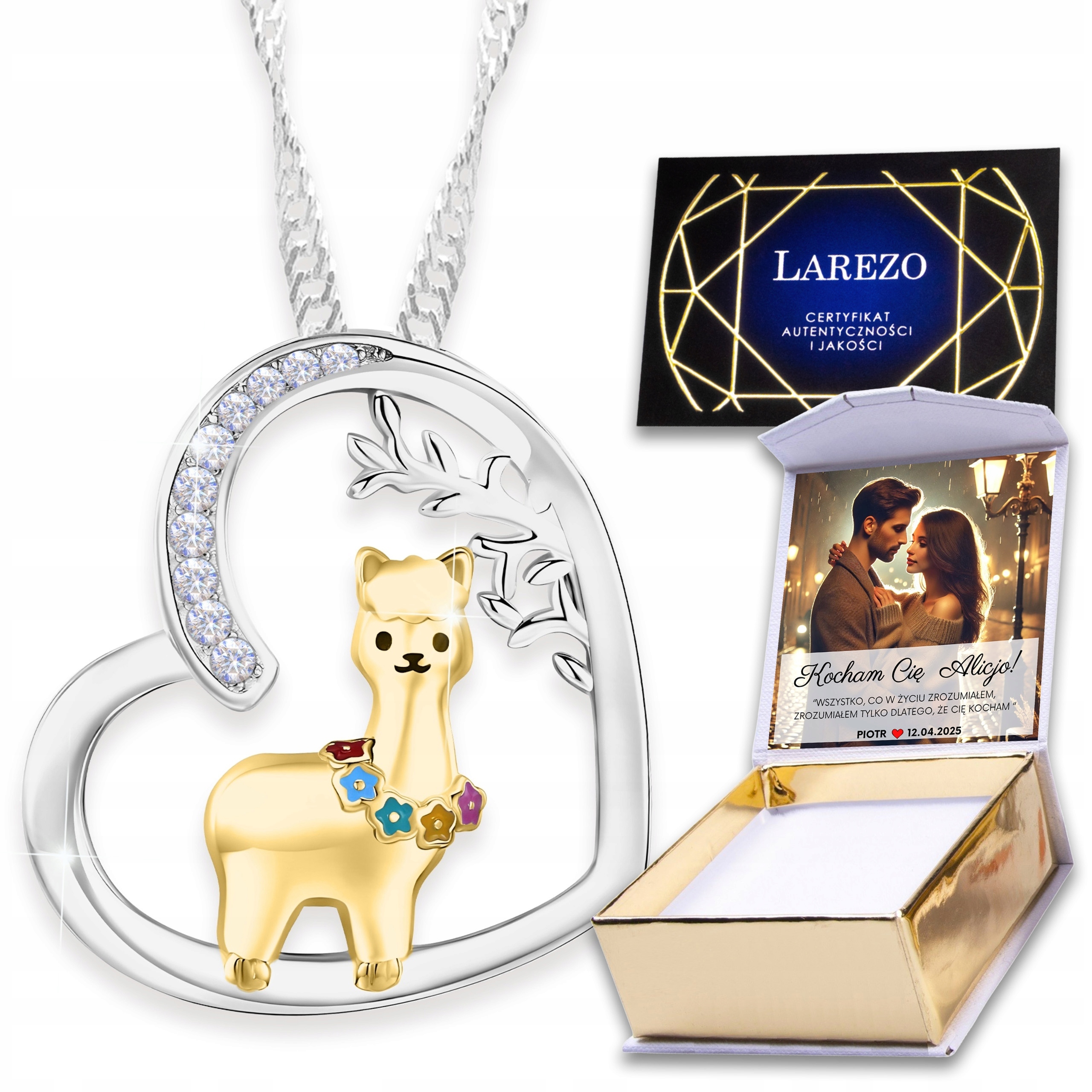 Náhrdelník Pozlacené srdce s lamou Alpakou Srdíčko Zirkon Potisk