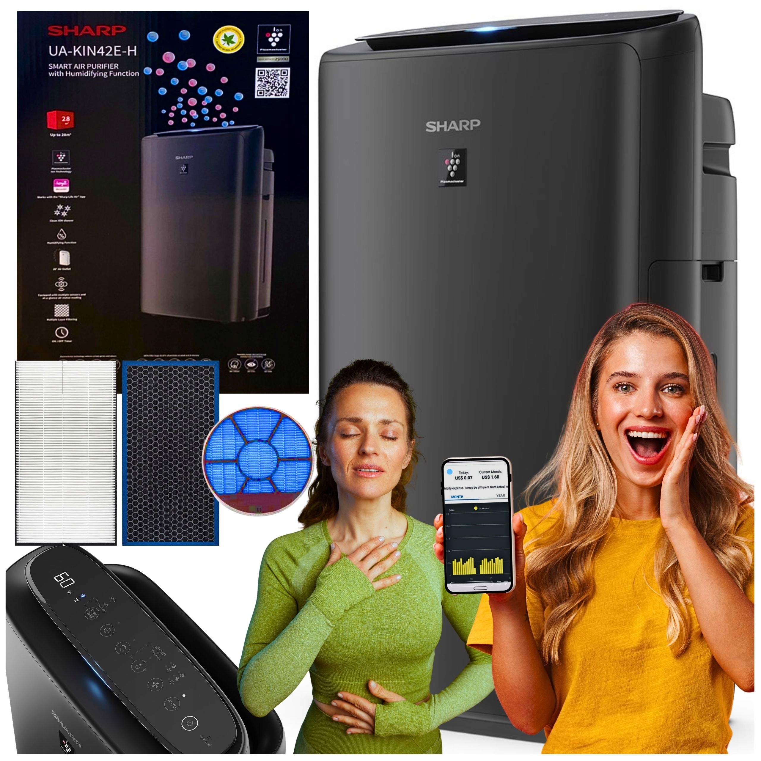 Sharp Oczyszczacz Powietrza Nawilżacz Jonizator UA-KIN42E-H Hepa Aplikacja