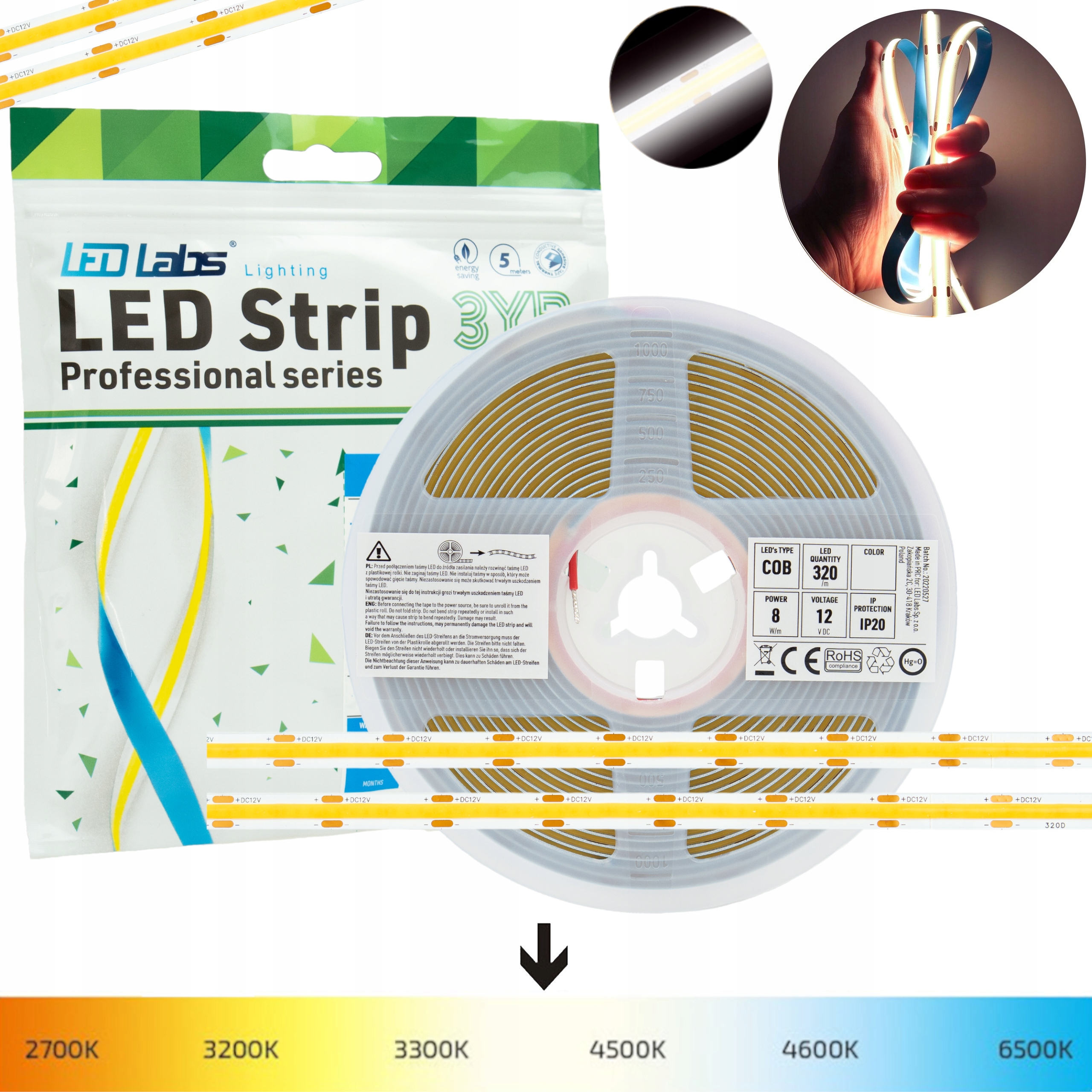 TAŚMA LED COB PROFESSIONAL NEON BIAŁY NEUTRALNY 5m