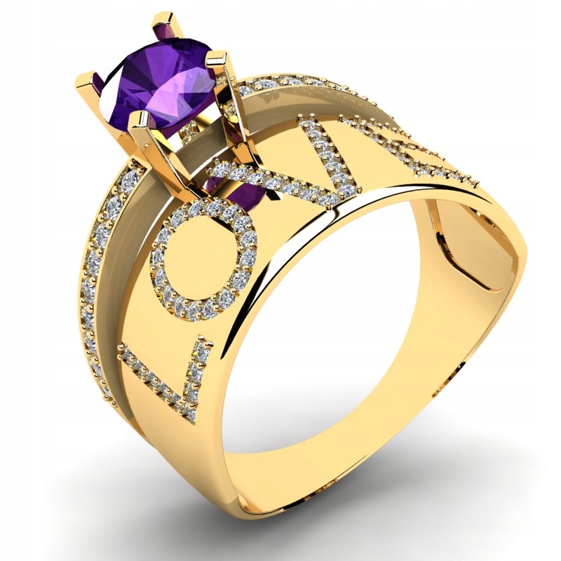 

Pierścionek Złoty Love Z Fioletową Cyrkonią 14KR