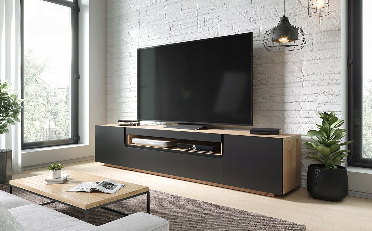 Szafka RTV czarna mat+dąb Artisan Wisząca i stojąca Odyn Głębokość mebla 36.8 cm