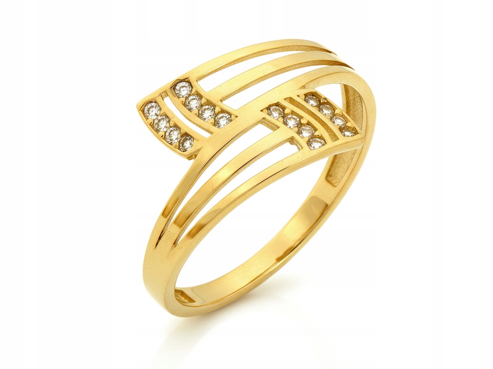 Moderní zlatý prstýnek 585, ažurová mijanka r14, bílé zirkony 1,5 g
