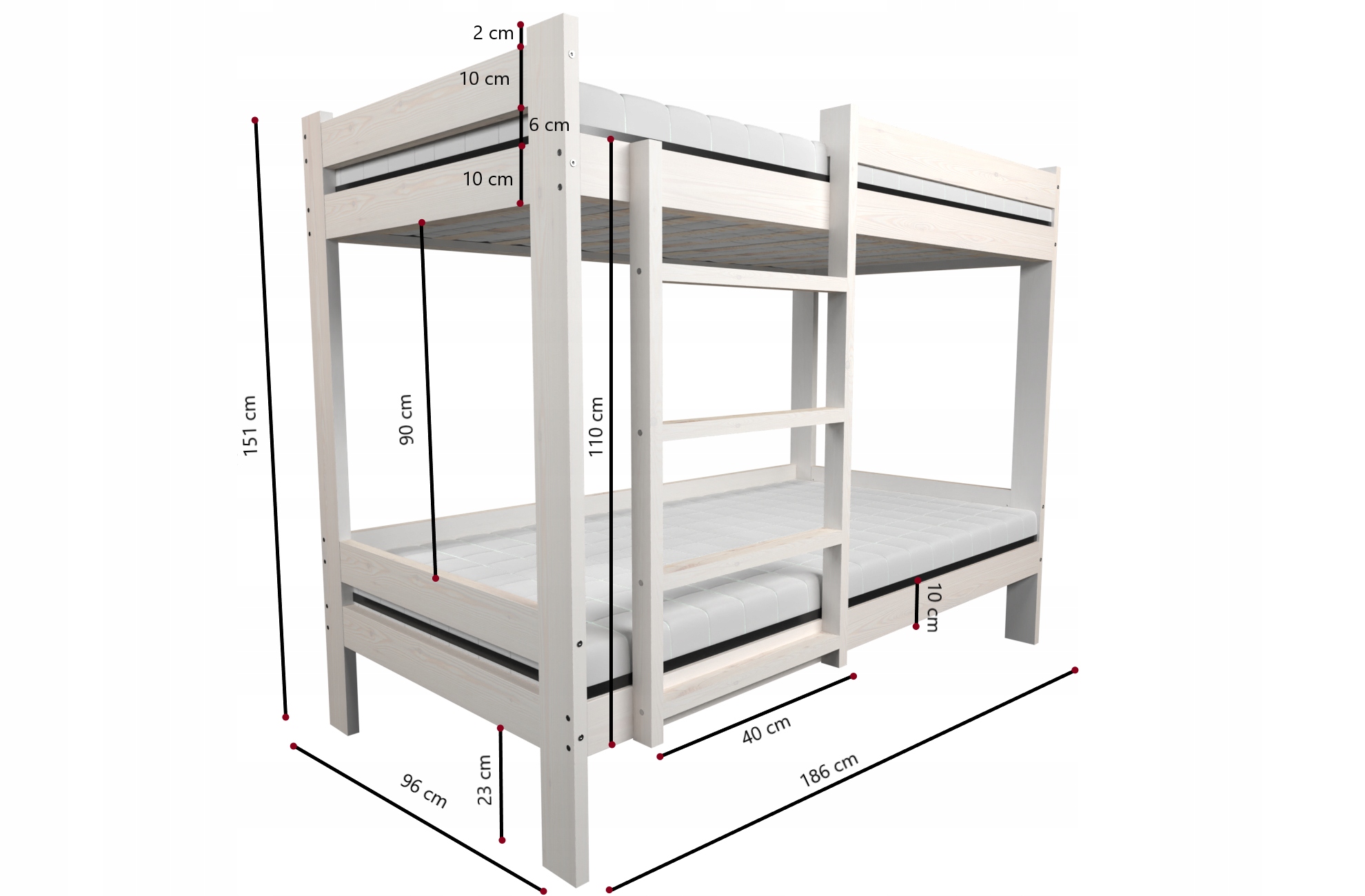 Łóżko piętrowe 90x180 BIAŁE Marka bez marki
