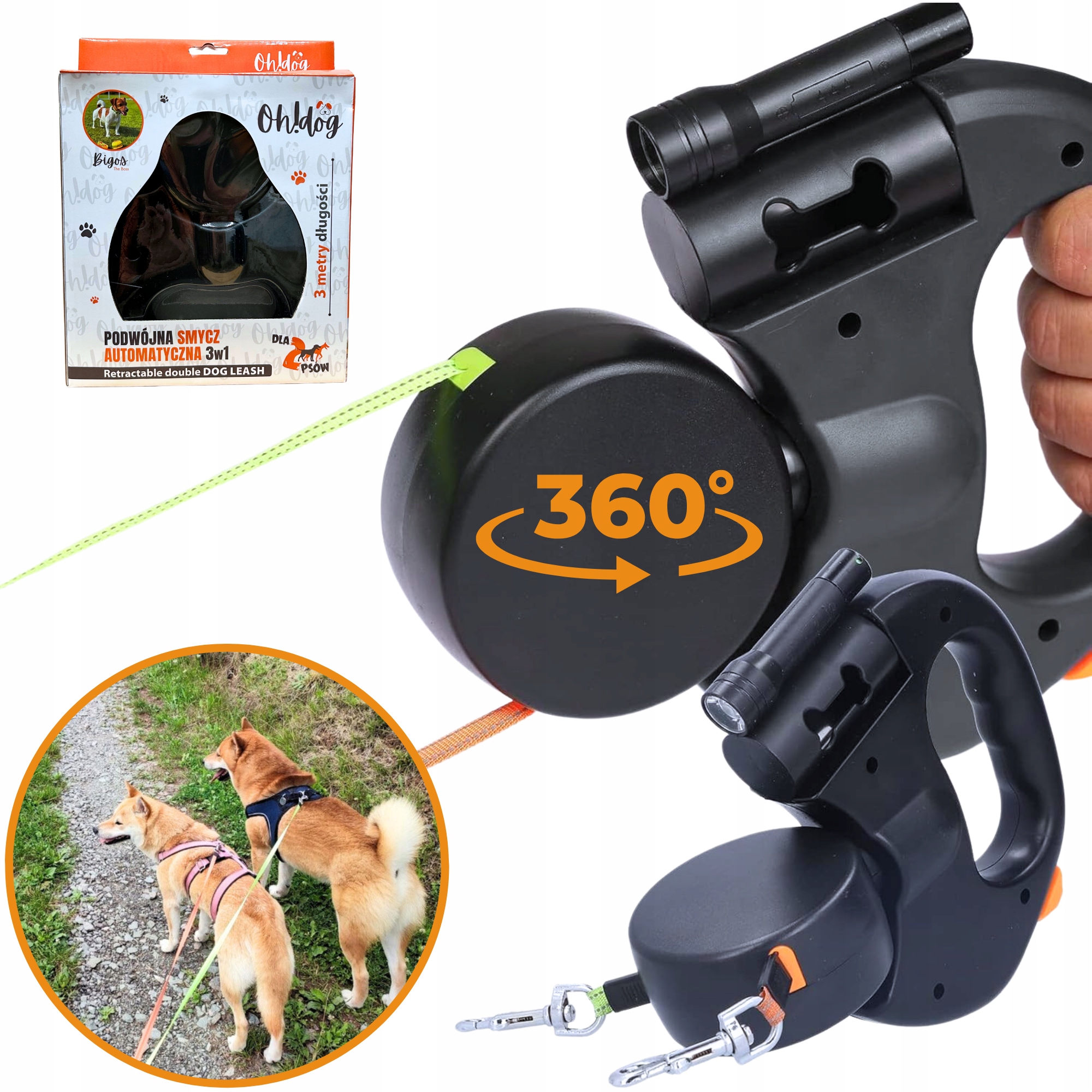 Levně Dvojitá Vodítko pro dva psy 3 m Automatická Černá Oh!dog Svinovací páska