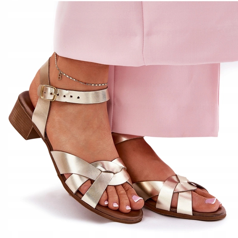 Dámské Sandály Přírodní Kůže Nízký Podpatek Kotník Zazoo 40372 Zlaté 39