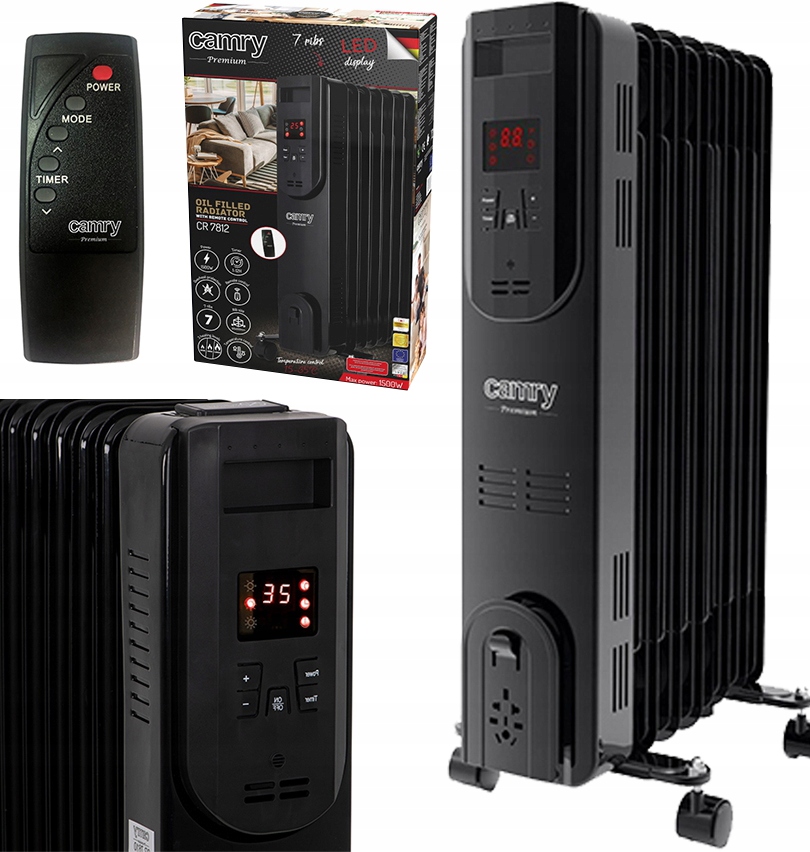 Olejový radiátor s dálkovým ovládáním 7 žeber Camry Cr 7812 Černý 3 režimy 1500 W