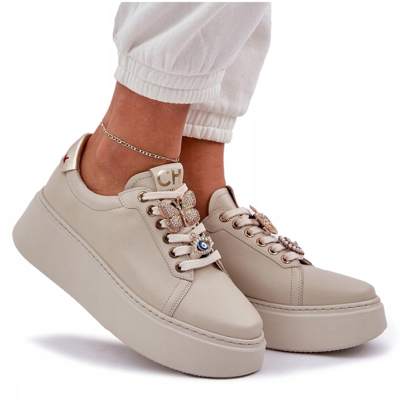 Dámské Tenisky Na Platformě S Koženými Ozdobami Chebello 4292 Světle Béžová 37