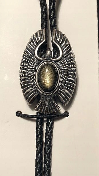 Orel platerový se stříbrem a zlatým obsidiánem, kravata bolo záda, přírodní kůže