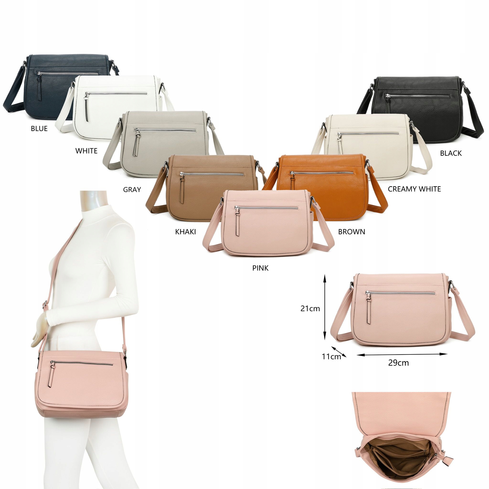 Torebka listonoszka długi pasek torba damska na ramię czarna lekka miękka Wysokość 21 cm