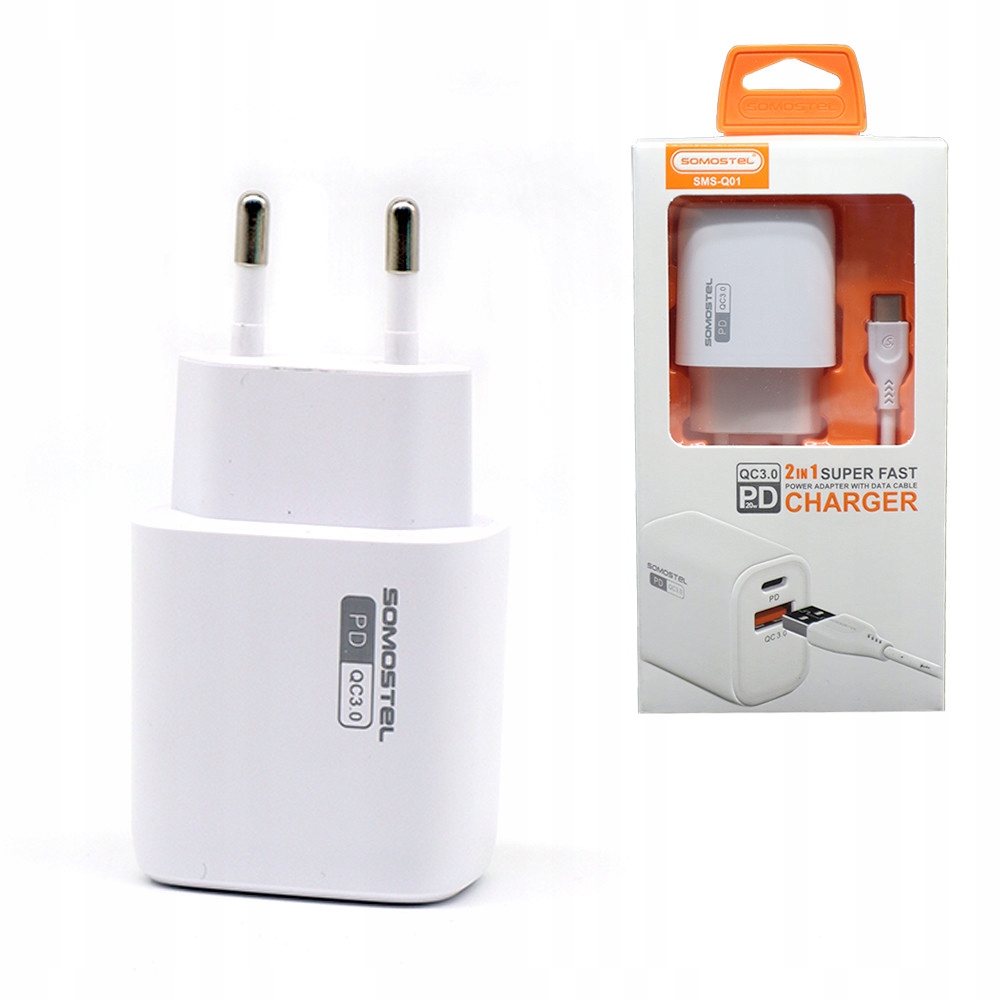 Kostka łdowarka sieciowa USB C USB 3A kabel USB C uniwersalny biały zestaw