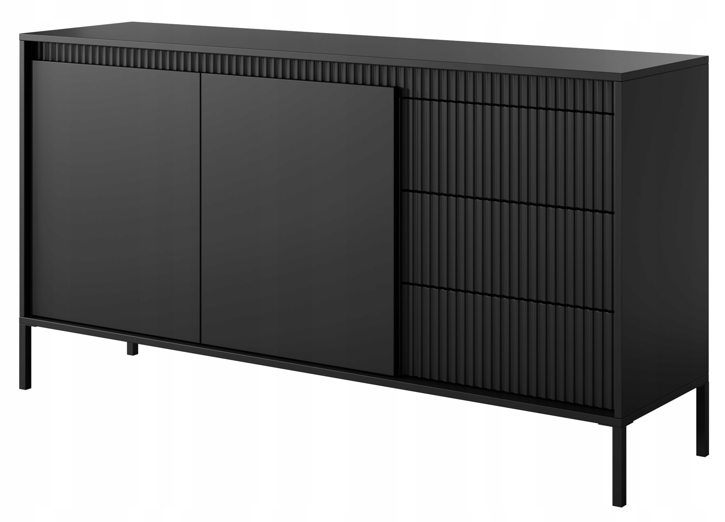 Dvoudveřová komoda Falsetto s rýhovanými čely, třemi zásuvkami, 154 cm, černá