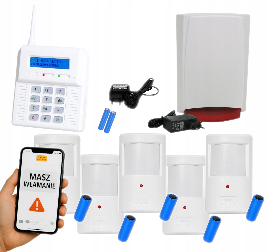 System Alarmowy Bezprzewodowy Elmes 5 Czujek PTX50 Gsm Clip Sms Sklep Biuro
