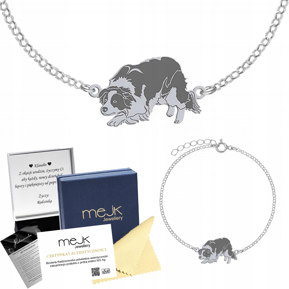 Stříbrný náramek Border Collie 925 Řetízek Dárek Dedikace Bonus