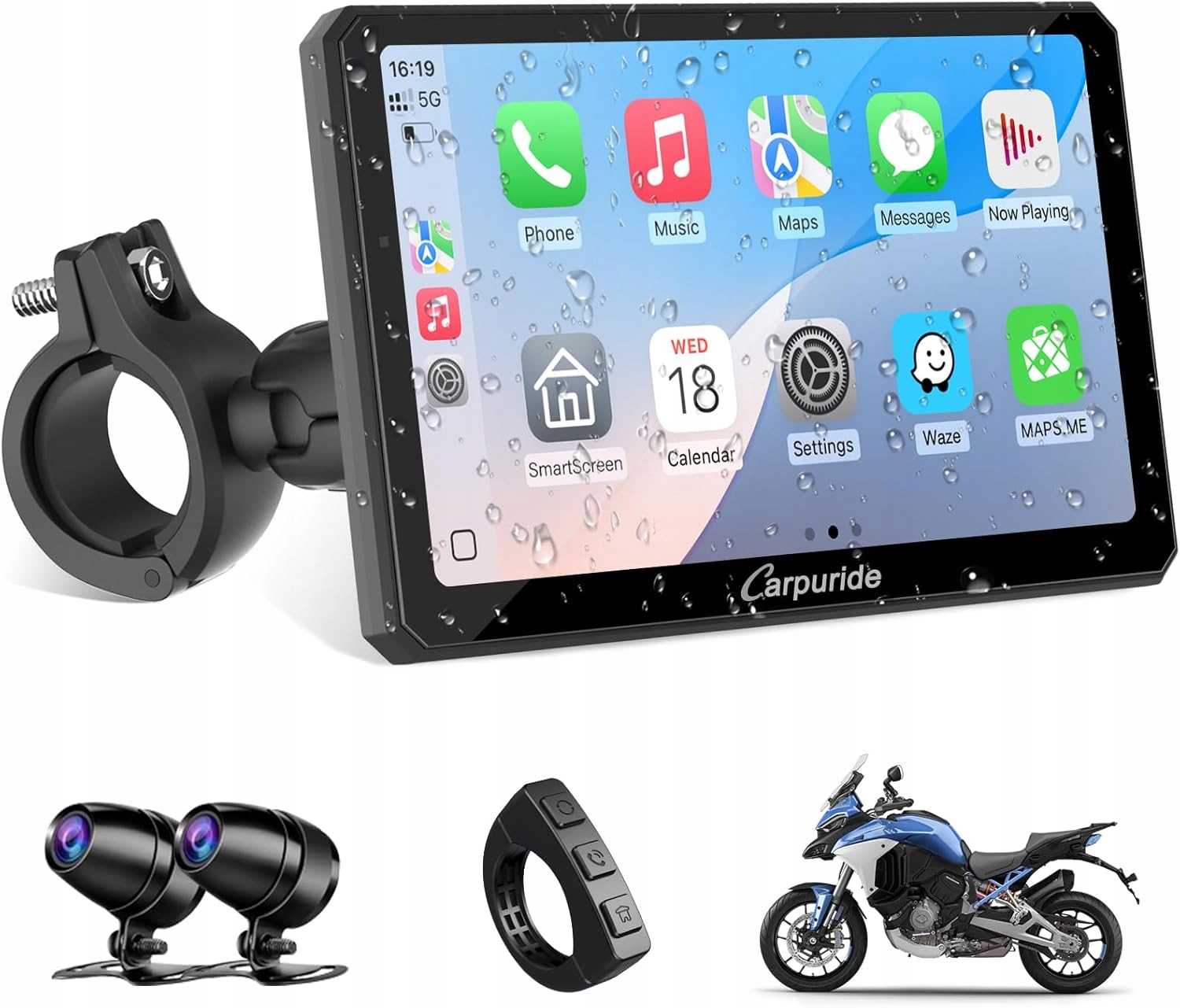 Carpuride W712D Motocyklový Displej 7'' Dvojité Kamery 1080P Carplay
