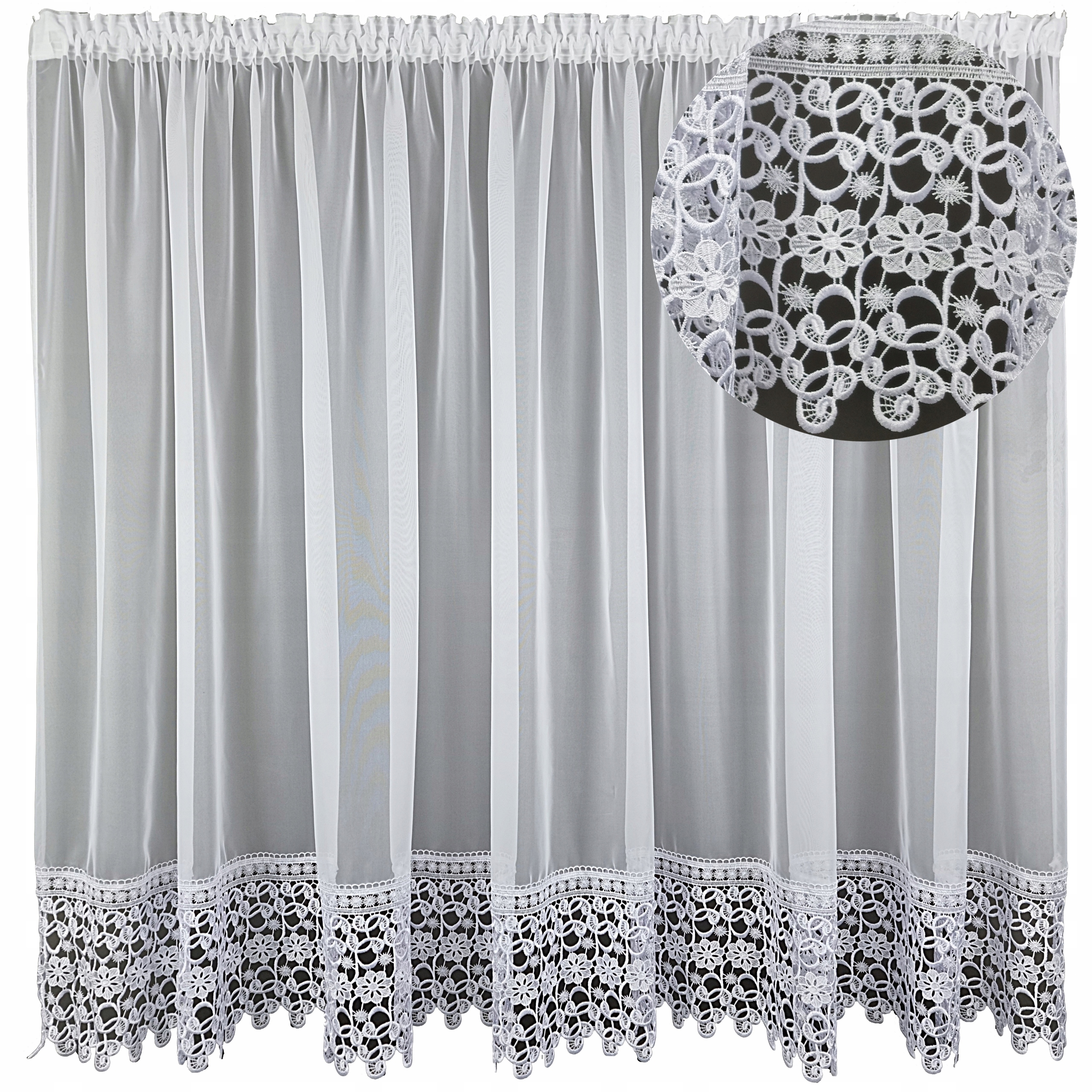 Firana prosta 300x140 Vika gotowa woal taśma z szeroką gipiurą koronką 30cm