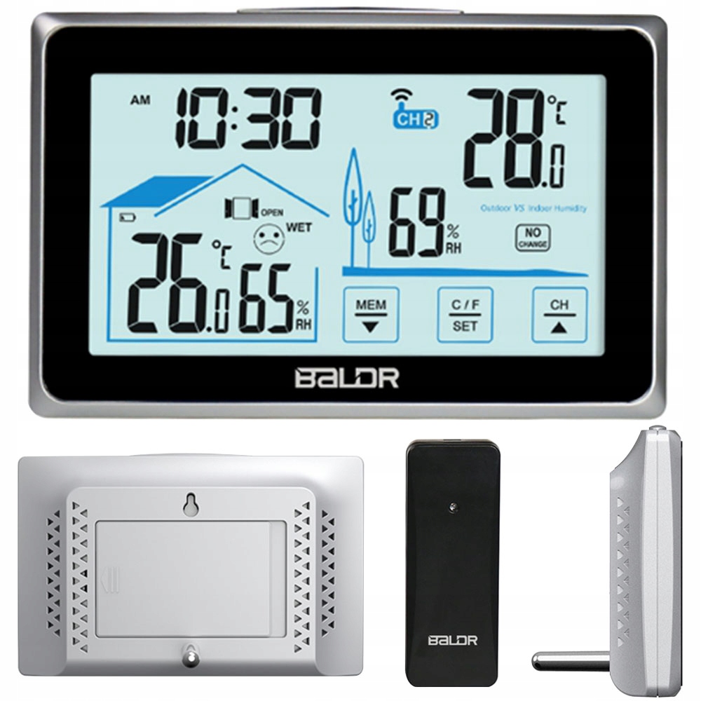 BEZPRZEWODOWA STACJA POGODOWA HIGROMETR ZEGAR Z WYŚWIETLACZEM + CZUJNIK