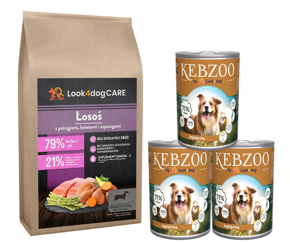 Levně Krmivo pro psy Look4dog Care Losos malé plemeno 6 kg 3x400 g Kebzoo jehněčí maso