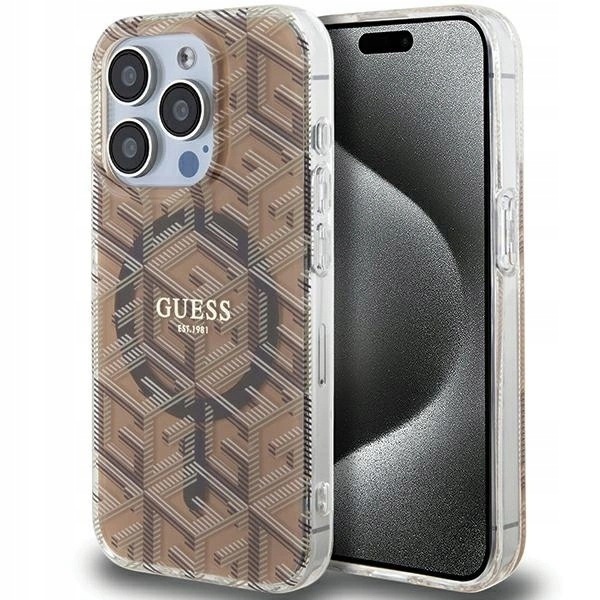 Etui Guess IML GCube MagSafe na iPhone 15 Pro Max brązowe