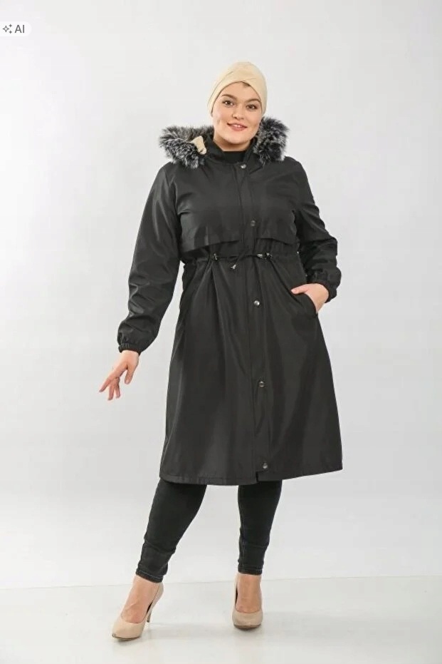 Černý Matný Kabát S Kapucí A Kožešinou 3XL 5IA