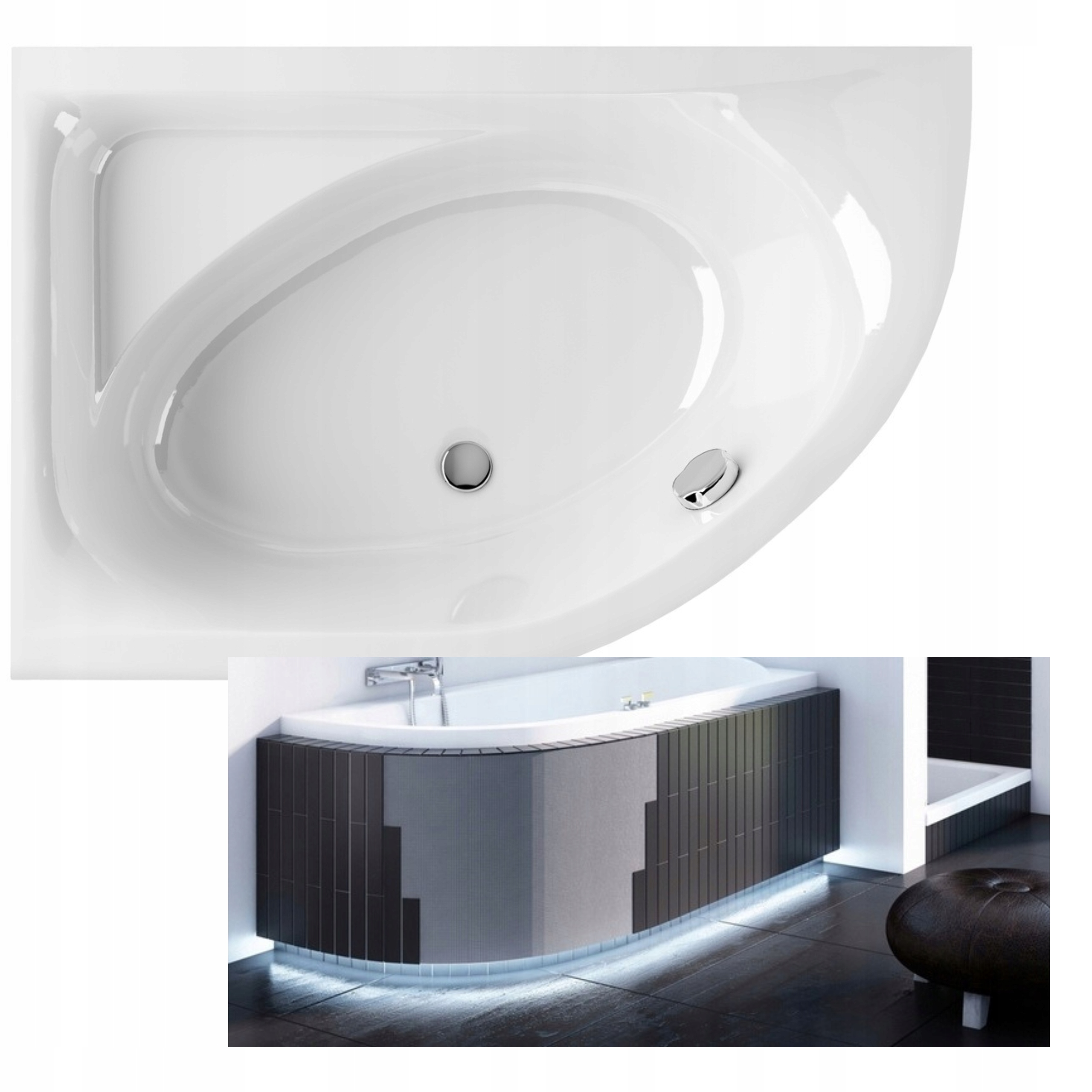 Asymetrická Rohová Vana S Krytem Led Sifonem Levá Akrylová 150X100