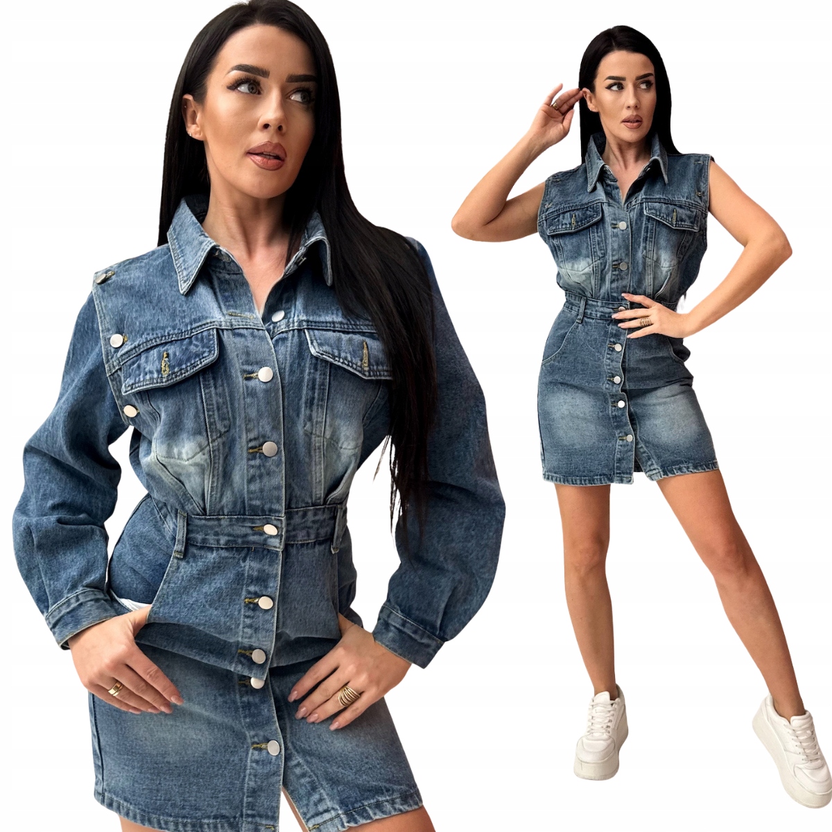 Šaty mini jeansová bavlněná s odnímatelnými rukávy a knoflíky, velikost S