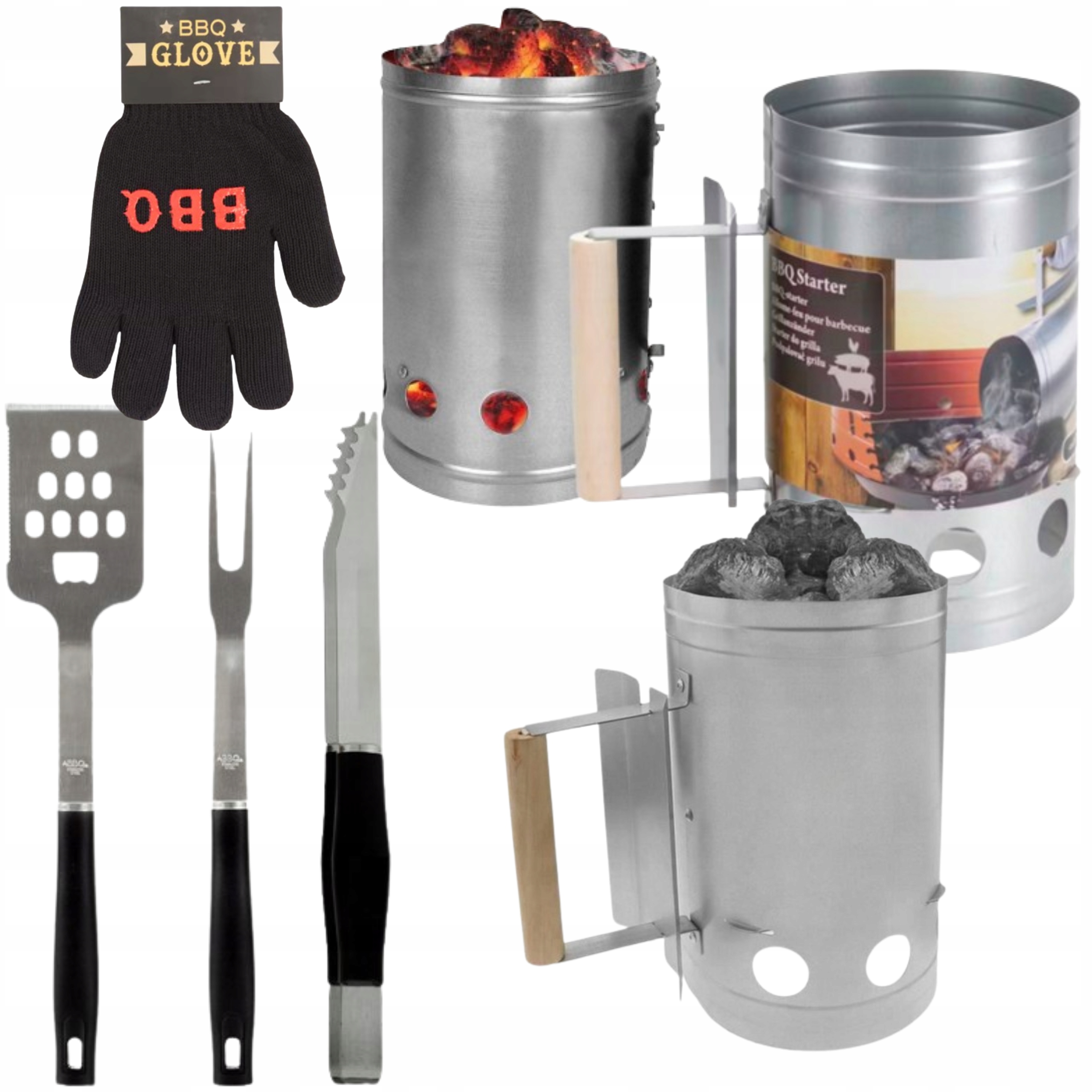 ZESTAW GRILL KOMIN DO ROZPALANIA GRILLA SZTUĆCE GRILLOWE AKCESORIA RĘKAWICA