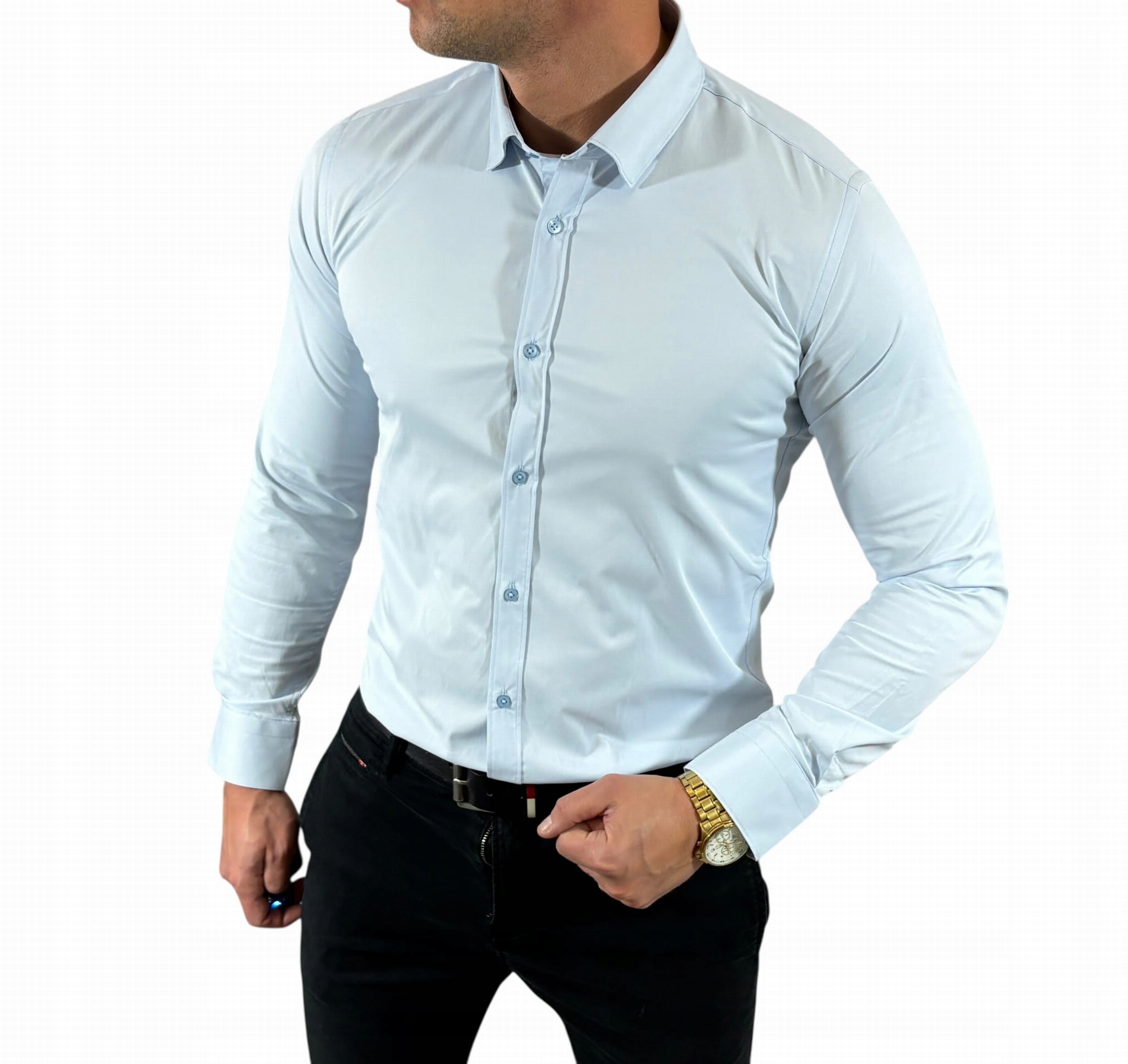 Klasická slim fit košile modrá-03 satén hladká elegantní EGO04 S