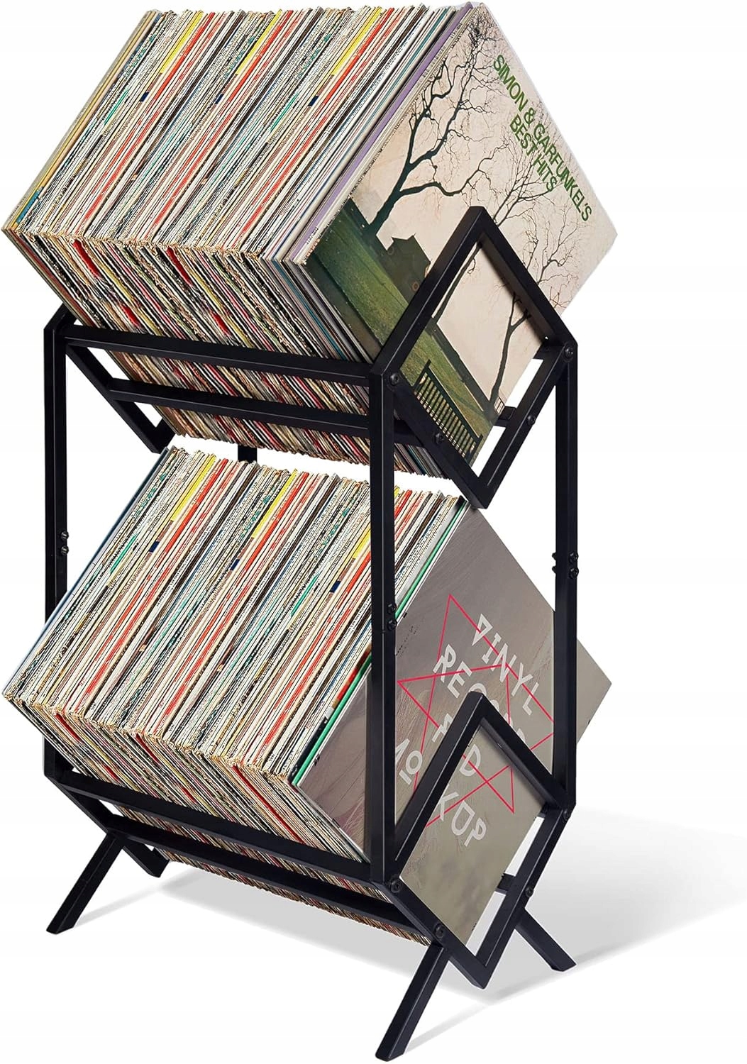 Kovový regál s podstavcem, stojan na vinyly 2-úrovňový, 160-200 desek