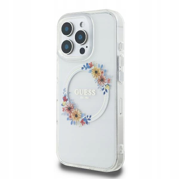 Pouzdro Guess pro iPhone 16 6.1" průhledné IML Flowers Wreath MagSafe