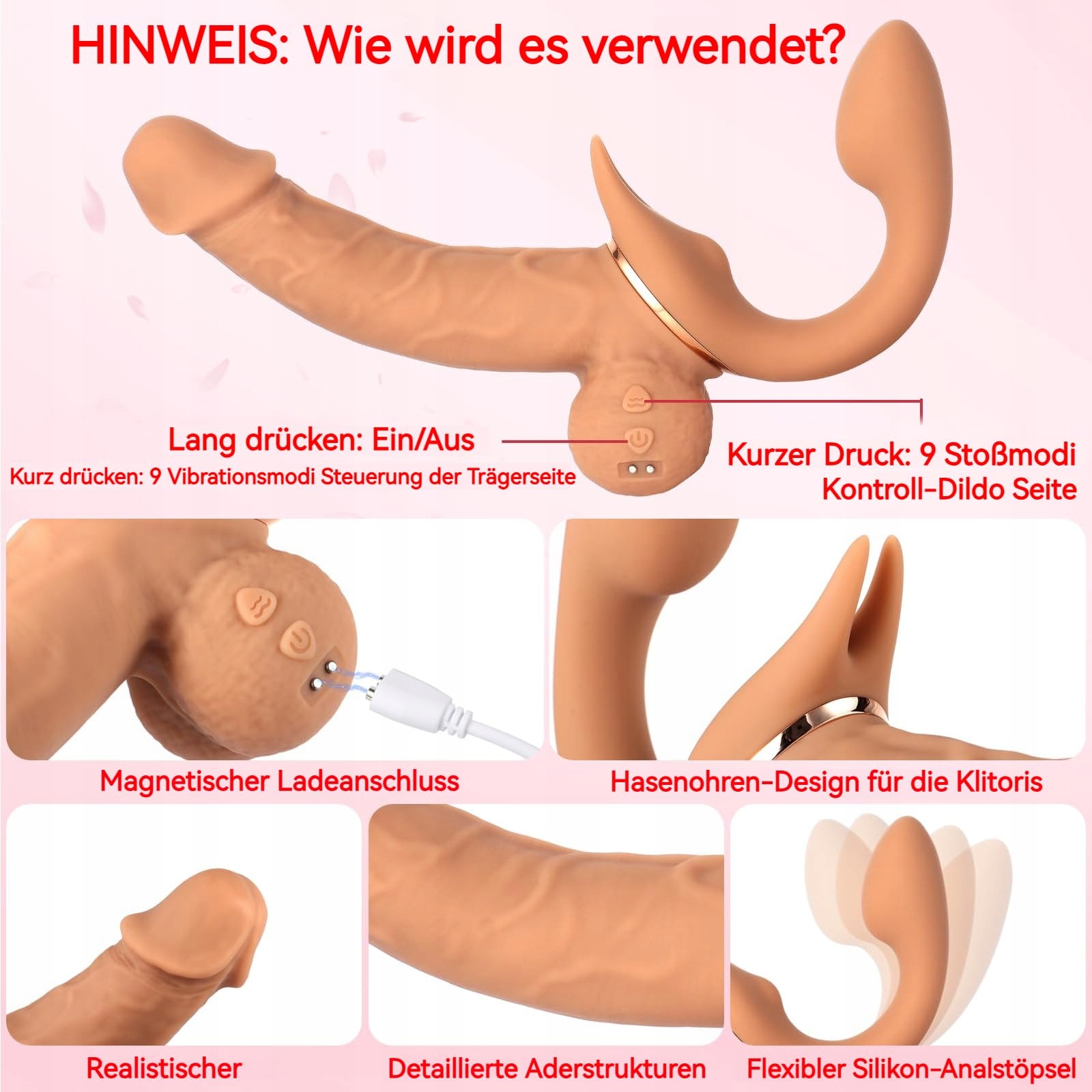 STRAPON Realistyczny Podwójny Dildo Dla Kobiet 9 Trybów Wibracji i Pchnięć — miniatura 5
