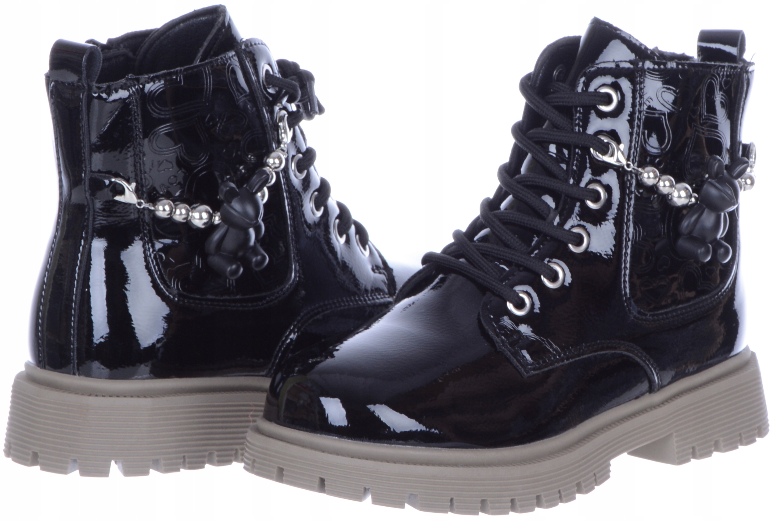 Czarne Lakierowane Ocieplane Dziewczęce Botki Kozaczki Wiązane z Ozdobą 27