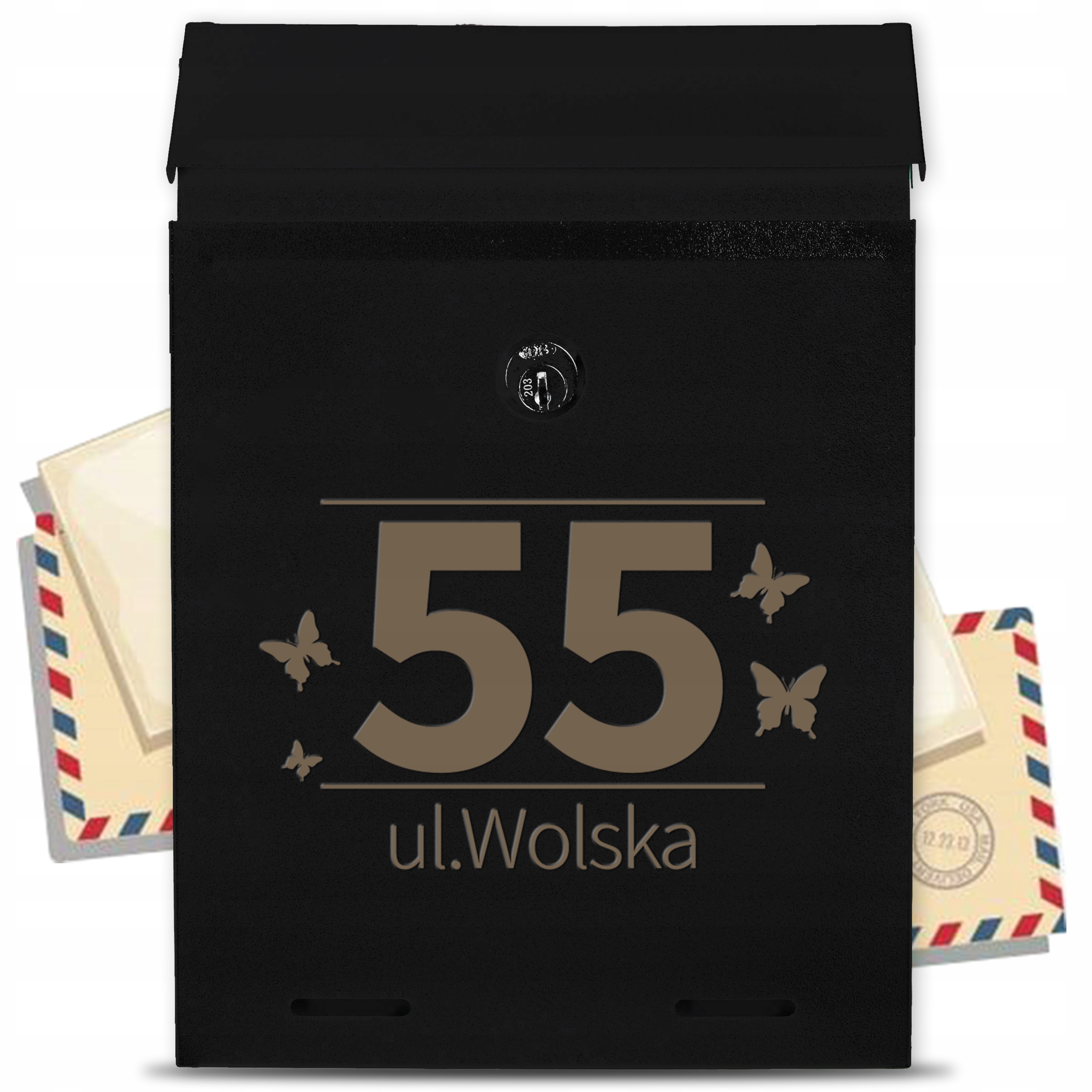 Černá poštovní schránka s adresní trubkou a nádherným gravírovaným vzorem