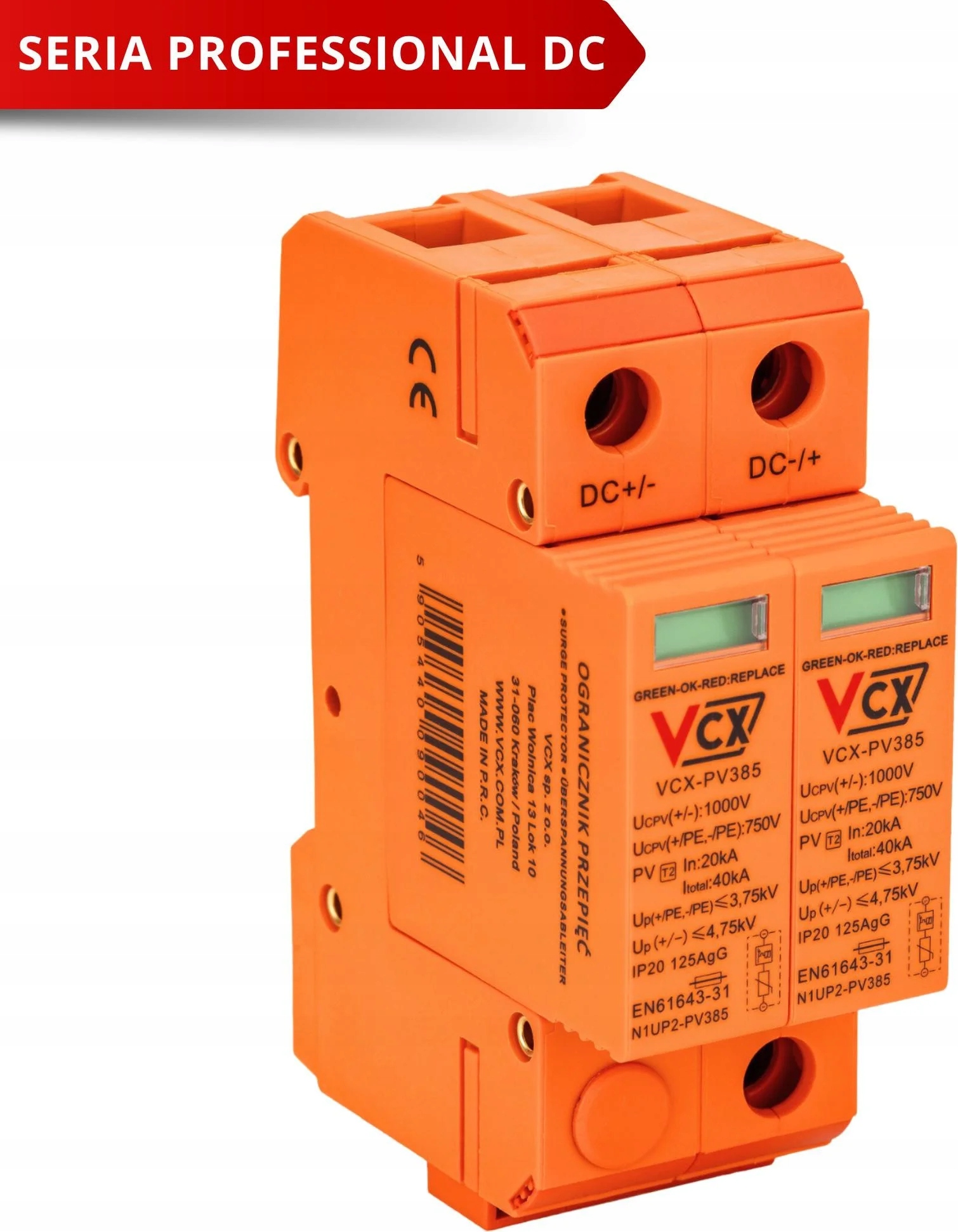 Ogranicznik przepięć fotowoltaiczny DC klasy C 2P (T2) 1000V Pv 385