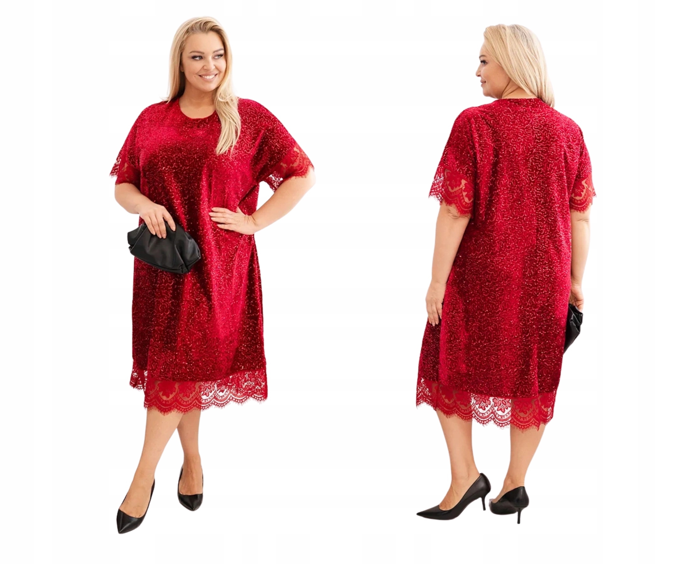 Dámské Šaty pro plnoštíhlé s flitry a krajkovým lemem, vínové
