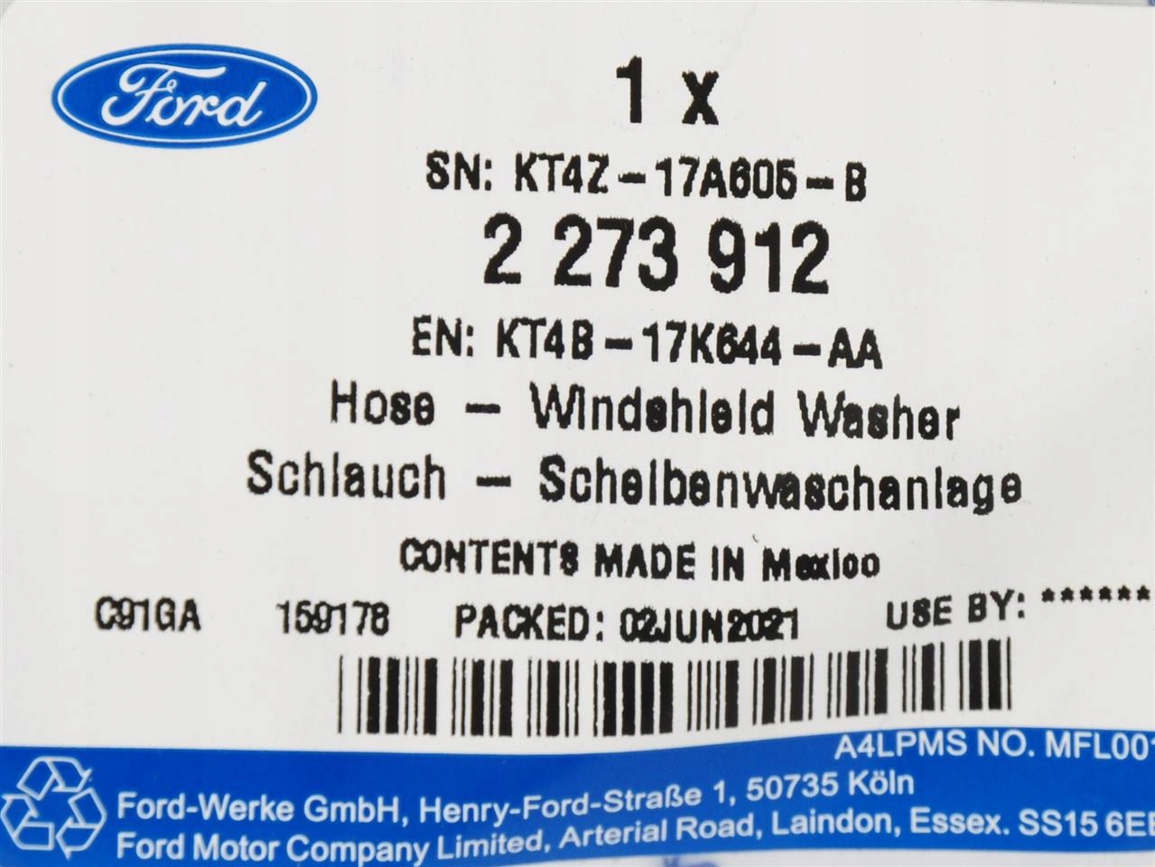 KT4B-17K644-AA - ШЛАНГ ОМЫВАТЕЛЯ ЛОБОВОГО СТЕКЛА EDGE 18-