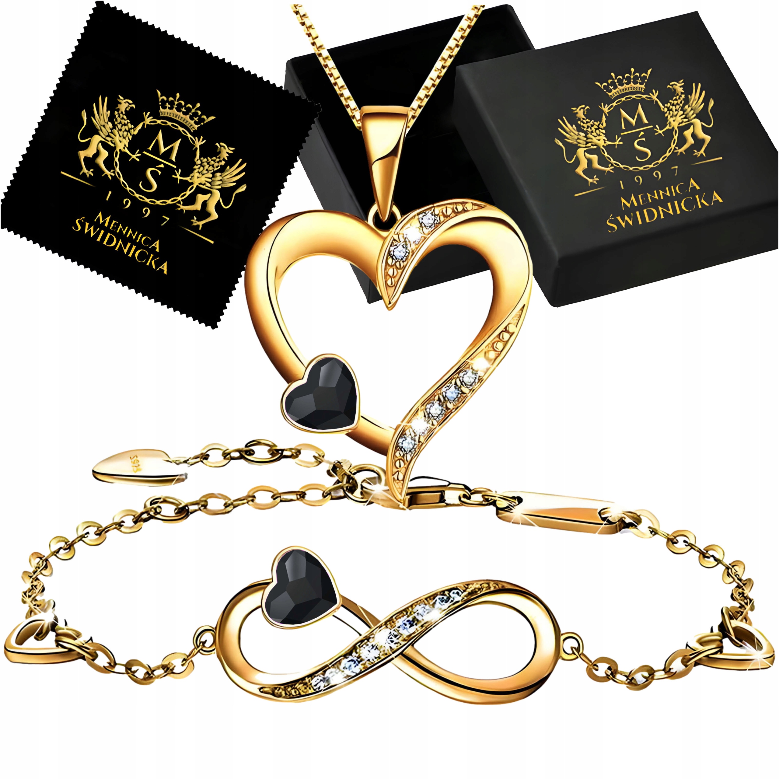 Zlatý komplet Náhrdelník Srdce Náramek Infinity Stříbro 925 Módní doplňky