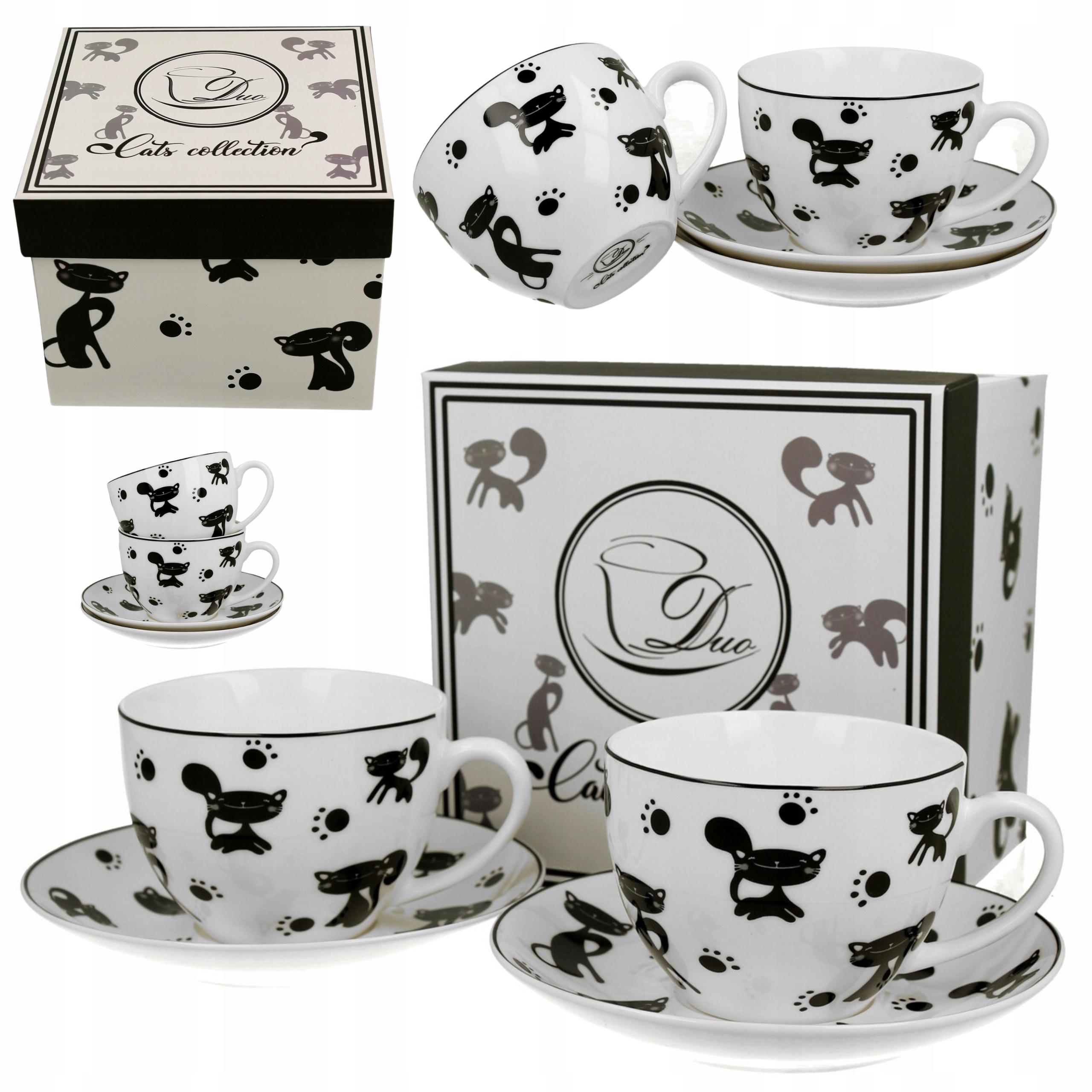 Porcelana Zestaw Filiżanek do herbaty ze Spodkami 2x Wzór z kotami Prezent
