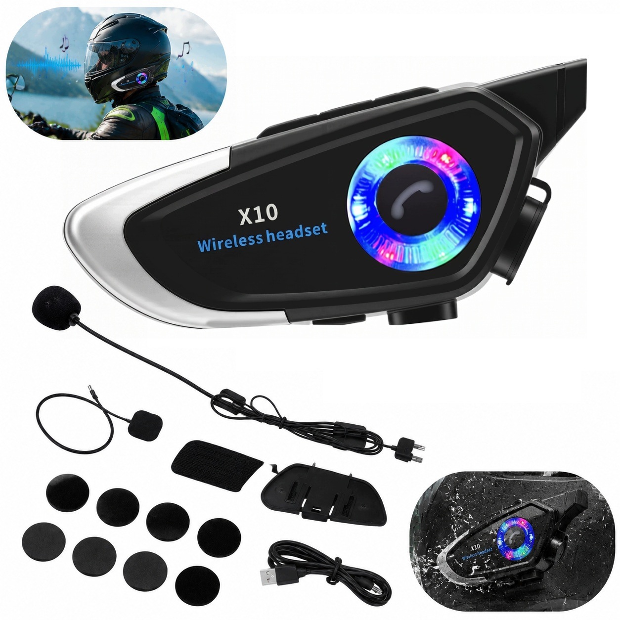 Zestaw słuchawek Bluetooth X10 na kask moto IPX6, bateria na 40 godzin