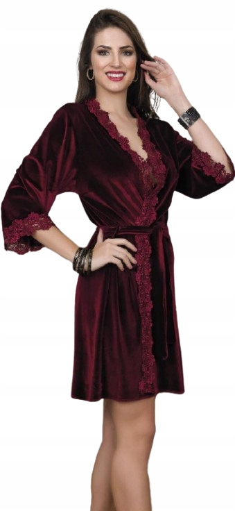 Elegantní Vínový Velurový Župan S Krajkou, Velurový Župan