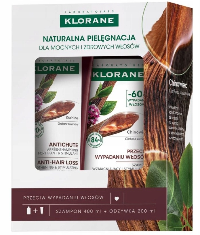 Klorane zestaw wypadanie włosów szampon z chininą 400 ml odżywka 200 ml