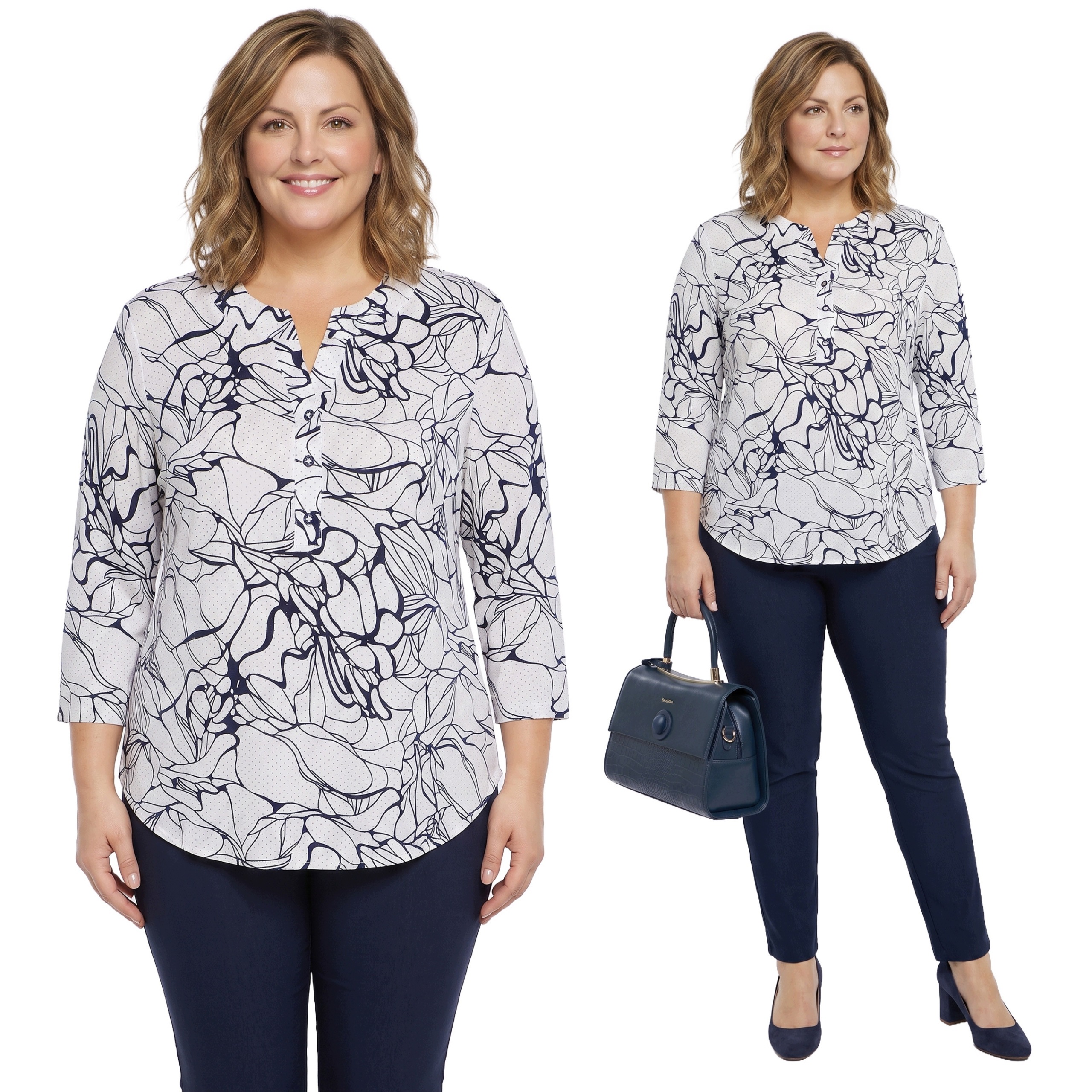 Bílá halenka s modrým vzorem a částečkami plus size velikost 58