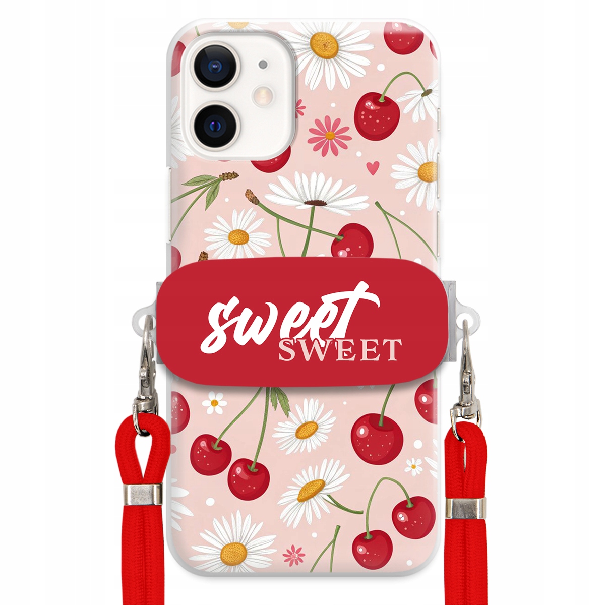 Puzdro na iPHONE 12 Mini Červené vodítko Crossbody držiak Sweet Kvet čerešne